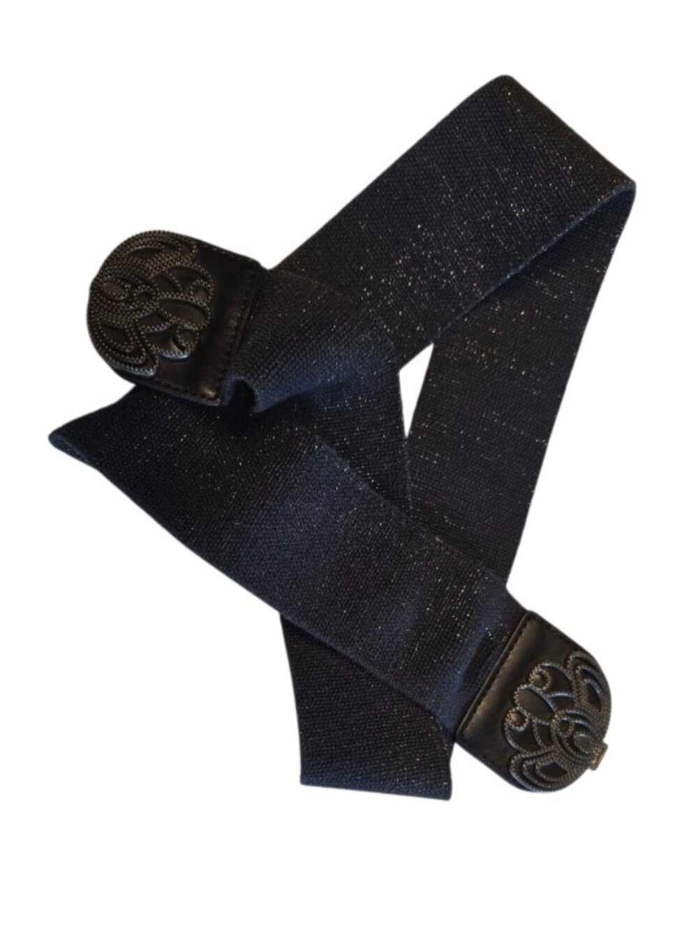 Womens Elastic Stretch Belt Cinch Ornamental Floral Clasp Black Golden Sparkles
